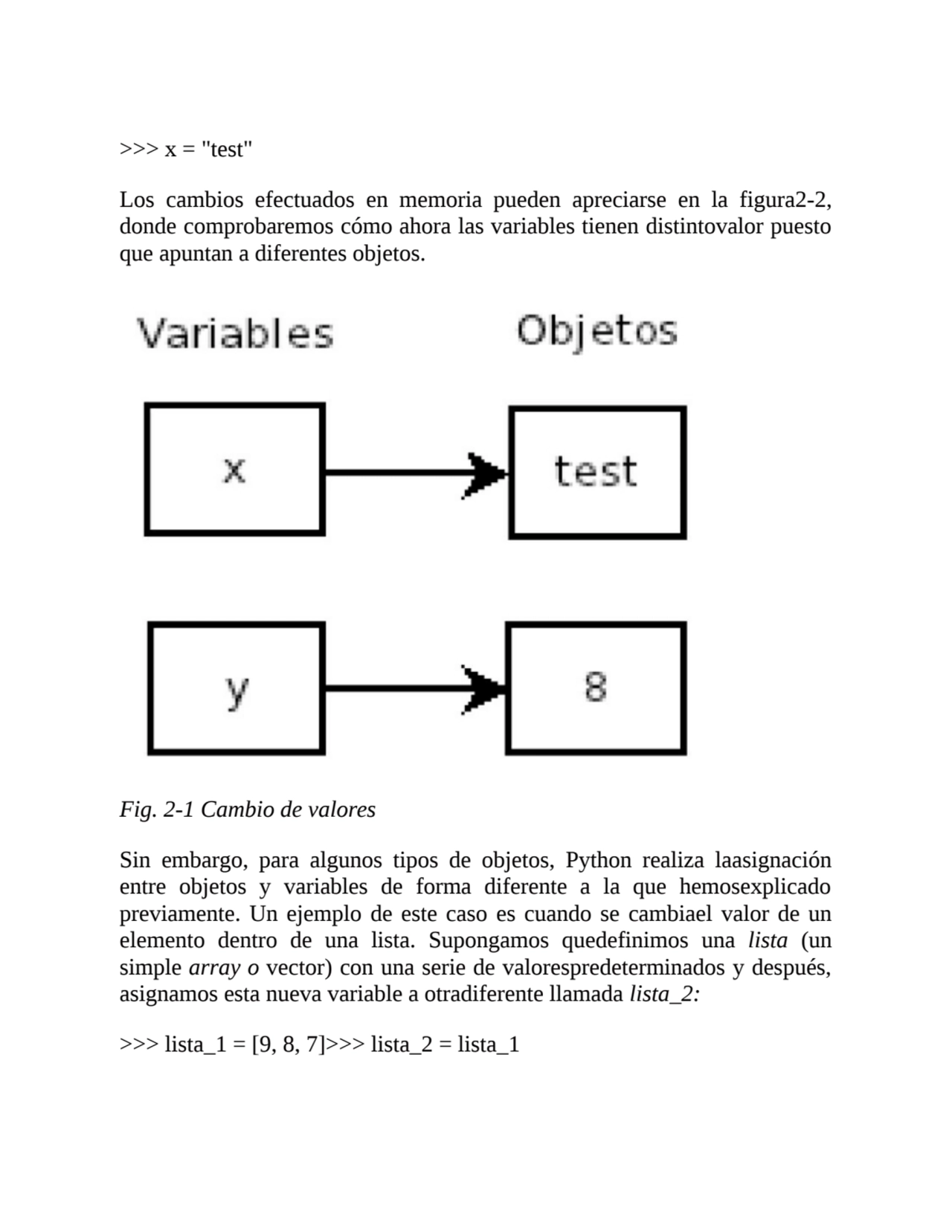 >>> x = "test"
Los cambios efectuados en memoria pueden apreciarse en la figura2-2,
donde comprob…