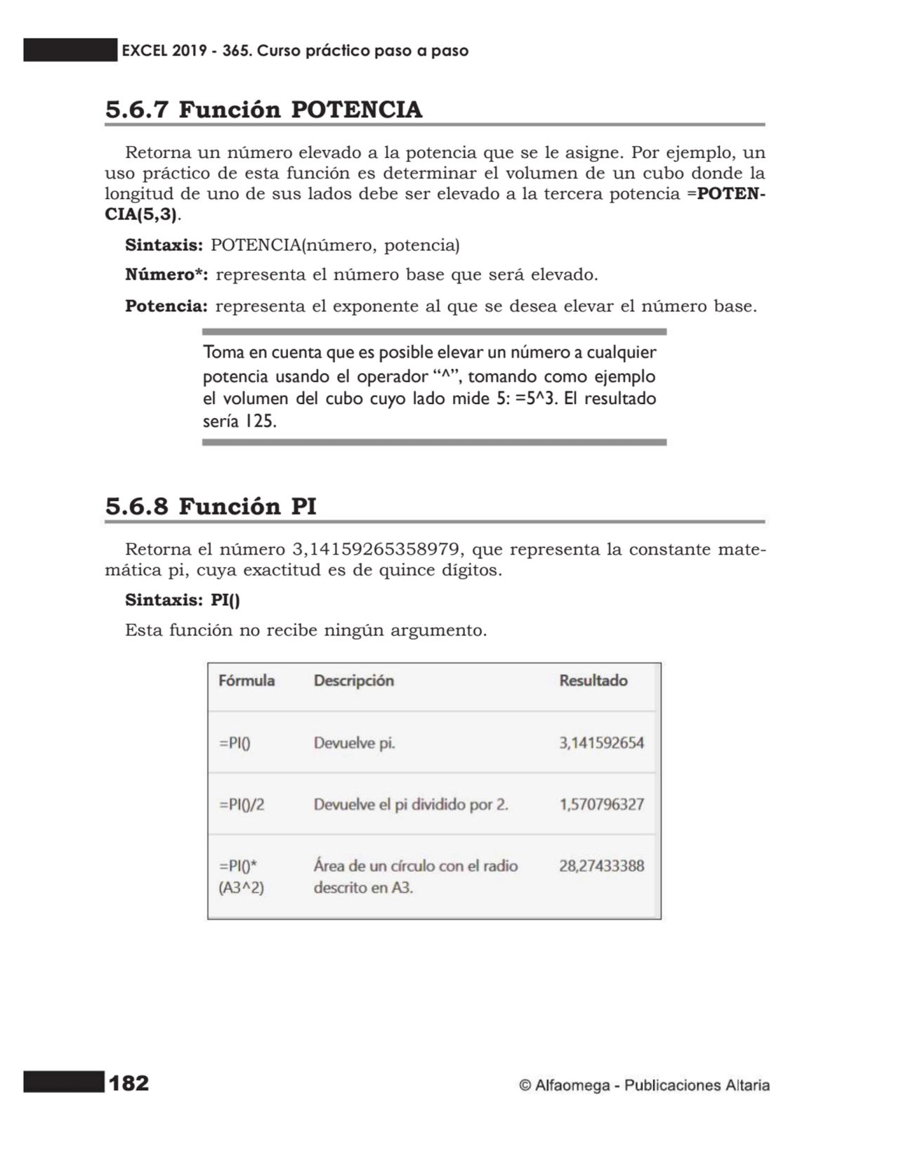 182
5.6.7 Función POTENCIA
Retorna un número elevado a la potencia que se le asigne. Por ejemplo,…