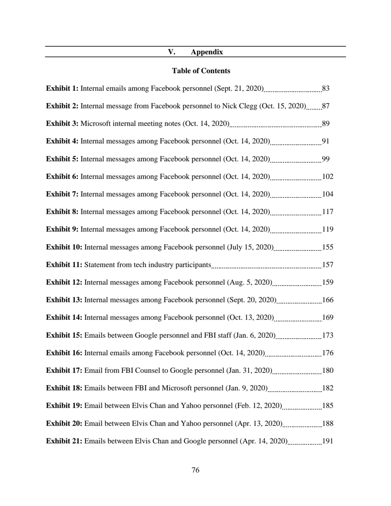 76
V. Appendix
Table of Contents
Exhibit 1: Internal emails among Facebook personnel (Sept. 21, …