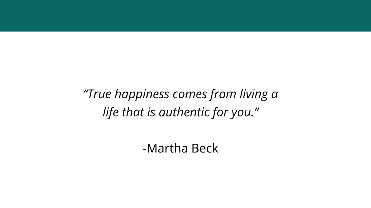 1
“True happiness comes from living a
life that is authentic for you.”
-Martha Beck