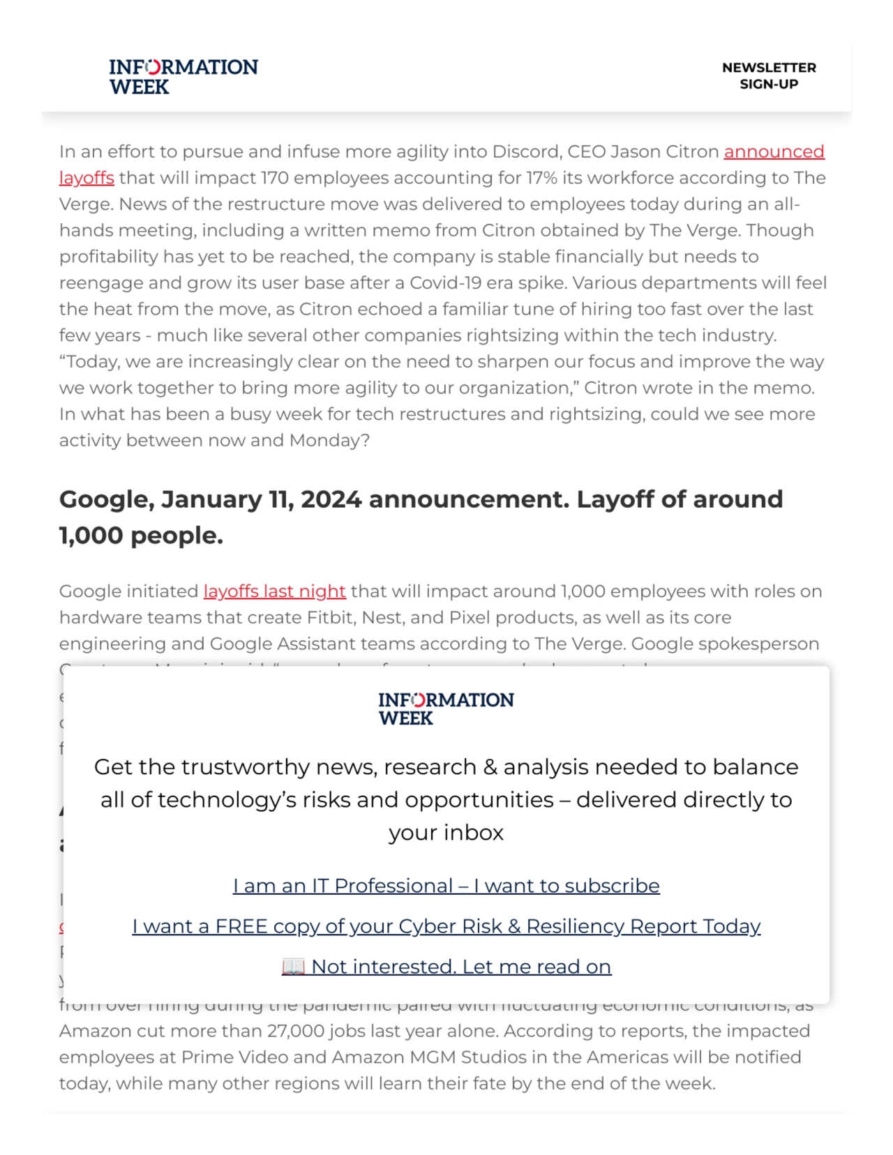 Discord, January 11, 2024 announcement. Layoff of 170
people, 17% of workforce.
In an effort to p…