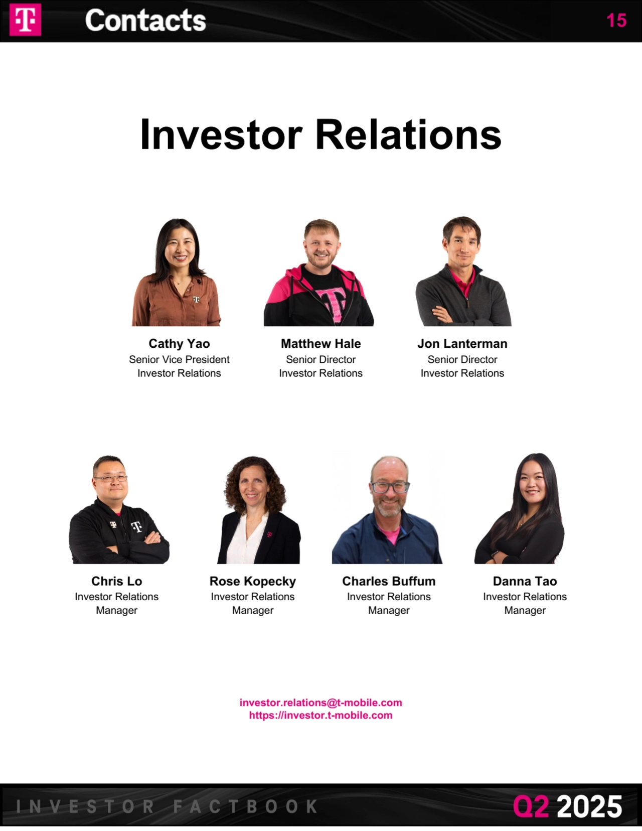 Investor Relations
Cathy Yao Matthew Hale Jon Lanterman
Senior Vice President Senior Director Senior Director
Investor Relations Investor Relations Investor Relations
Chris Lo Rose Kopecky Charles Buffum Danna Tao
Investor Relations Investor Relations Investor Relations Investor Relations
Manager Manager Manager Manager
investor.relations@t-mobile.com 
https://investor.t-mobile.com
15