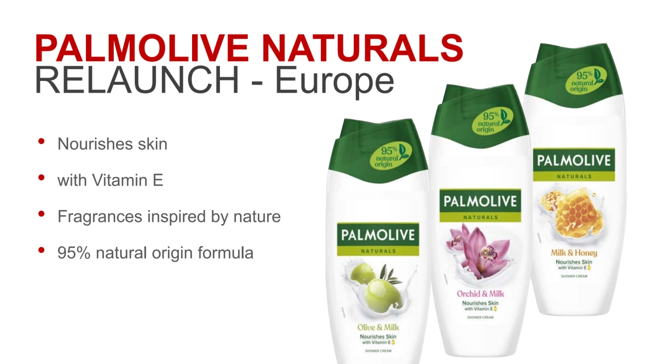 PALMOLIVE NATURALS 
RELAUNCH - Europe
• Nourishes skin 
• with Vitamin E
• Fragrances inspired by nature
• 95% natural origin formula
Source: Nielsen