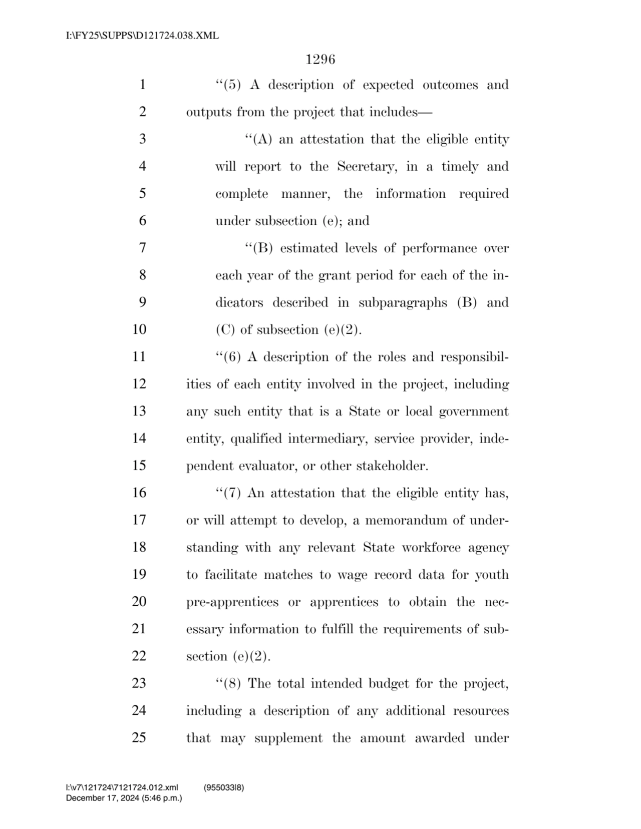 1296 
1 ‘‘(5) A description of expected outcomes and 
2 outputs from the project that includes— 
…