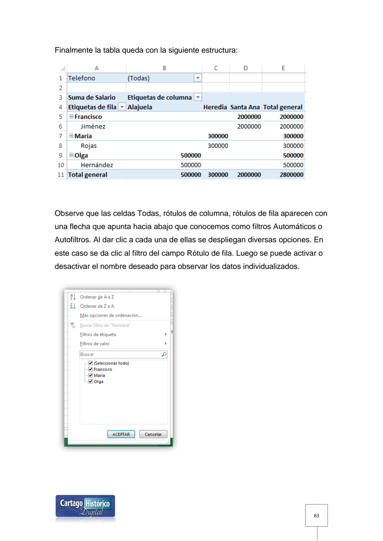 63
Finalmente la tabla queda con la siguiente estructura:
Observe que las celdas Todas, rótulos d…