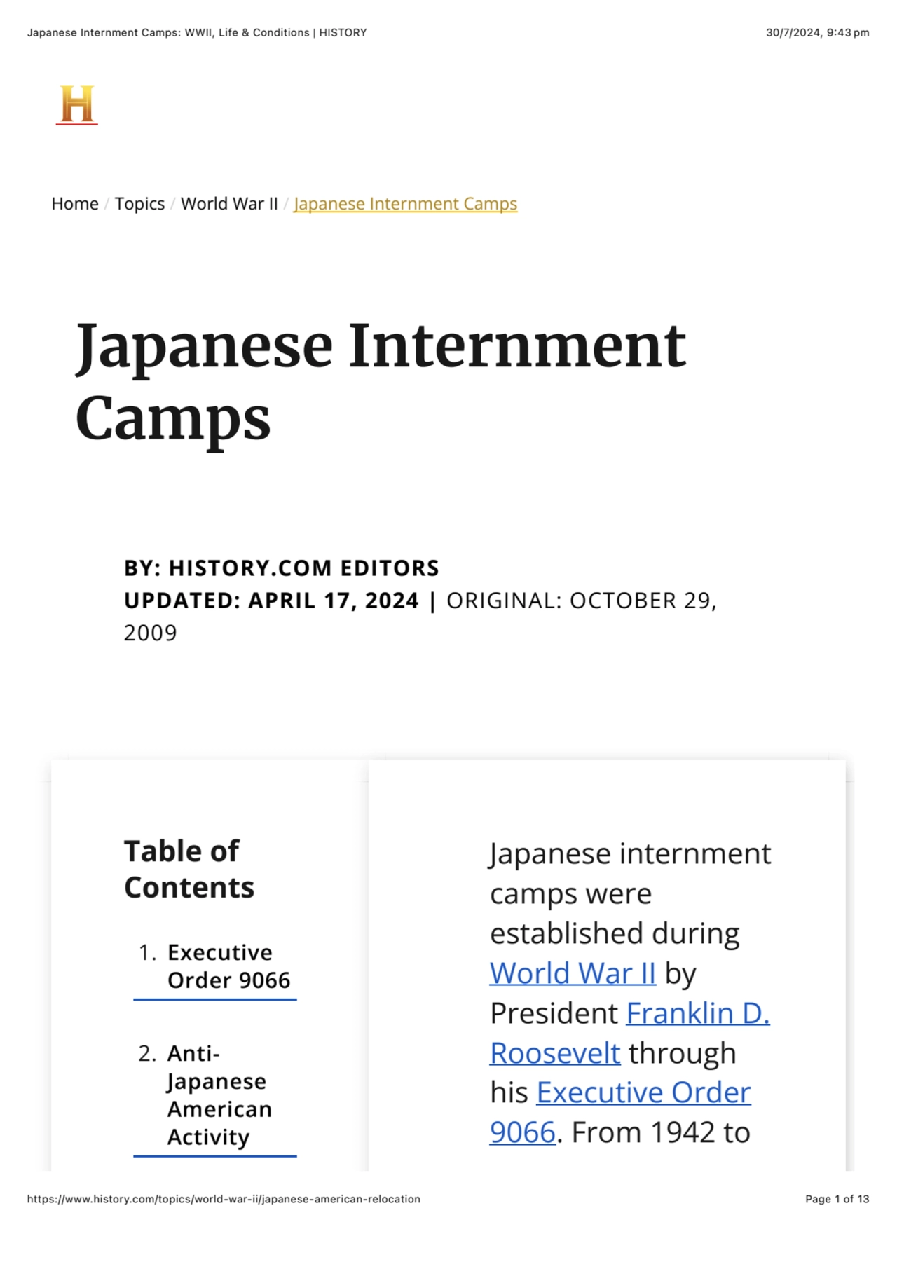 Japanese Internment Camps: WWII, Life & Conditions | HISTORY