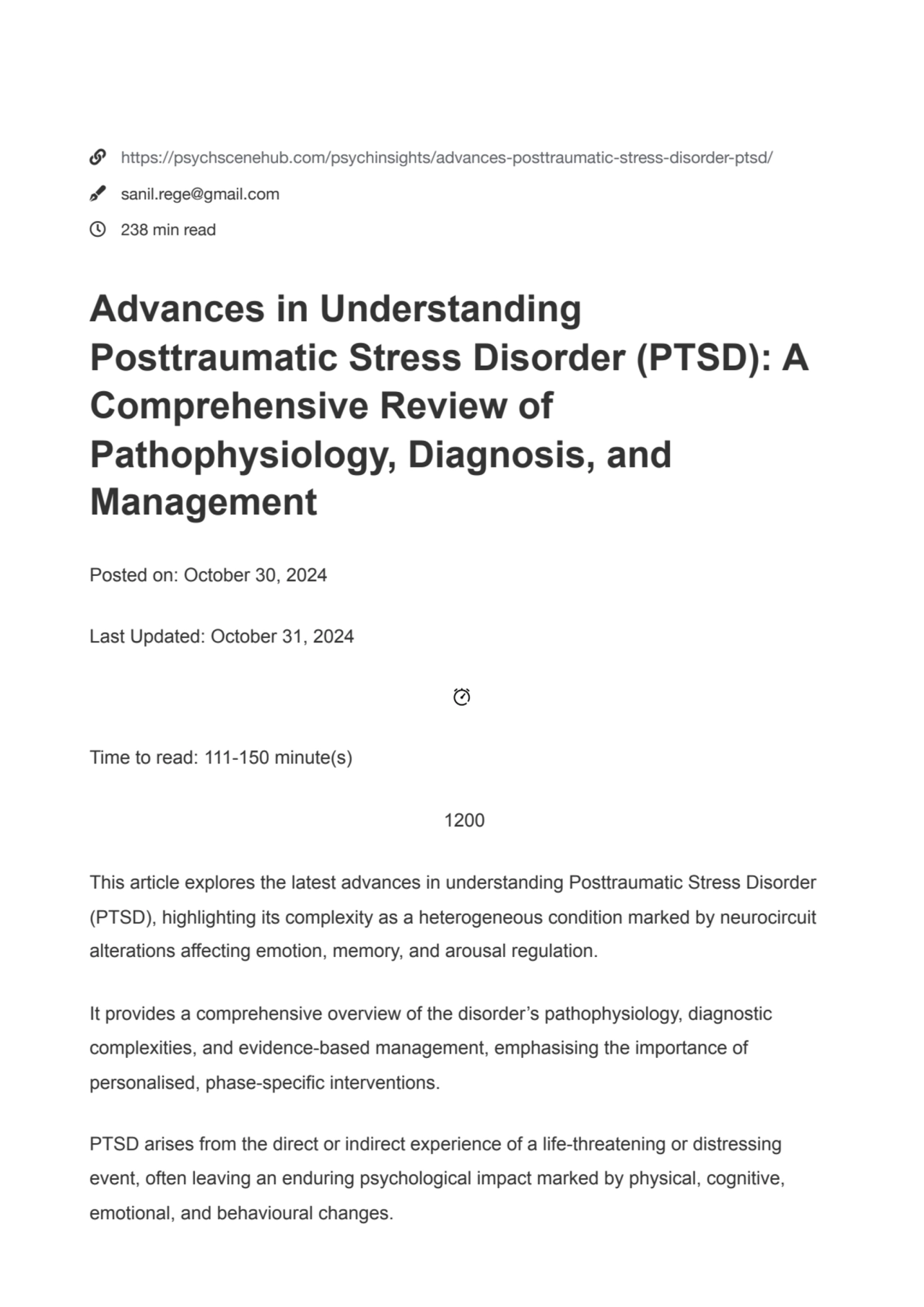 Advances in Posttraumatic Stress Disorder (PTSD): A Primer