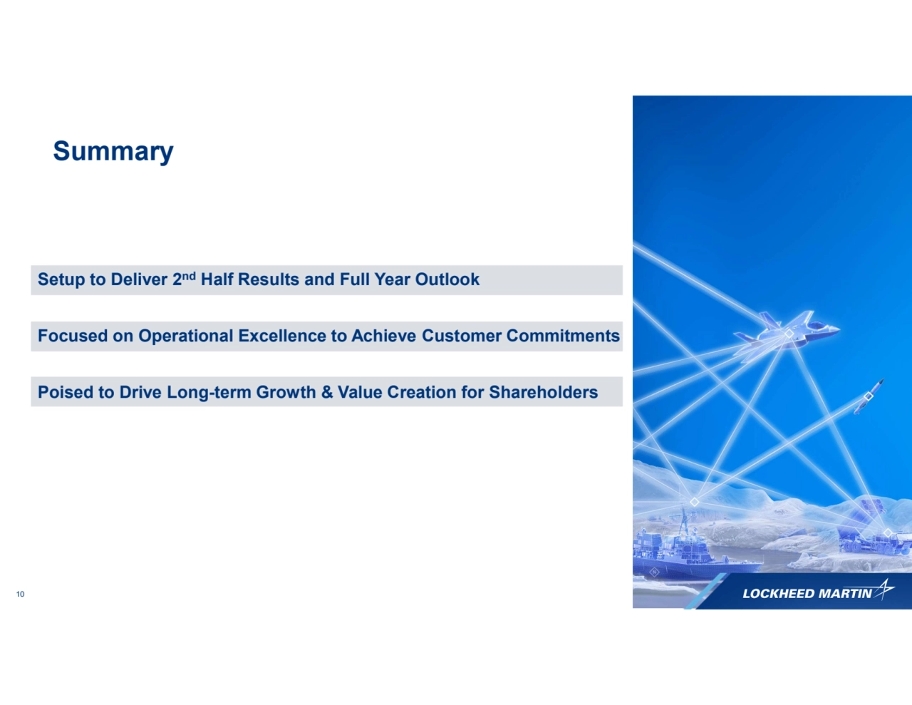 10
Summary
Setup to Deliver 2nd Half Results and Full Year Outlook
Focused on Operational Excellence to Achieve Customer Commitments 
Poised to Drive Long-term Growth & Value Creation for Shareholders