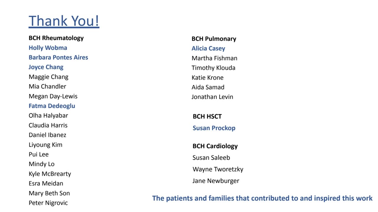 Thank You!
BCH Rheumatology
Holly Wobma
Barbara Pontes Aires
Joyce Chang
Maggie Chang
Mia Cha…