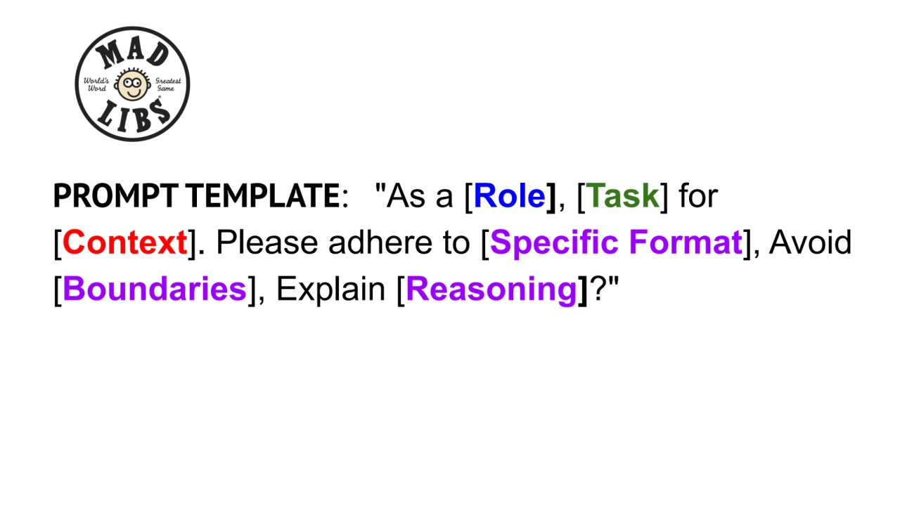 PROMPT TEMPLATE: "As a [Role], [Task] for 
[Context]. Please adhere to [Specific Format], Avoid 
…