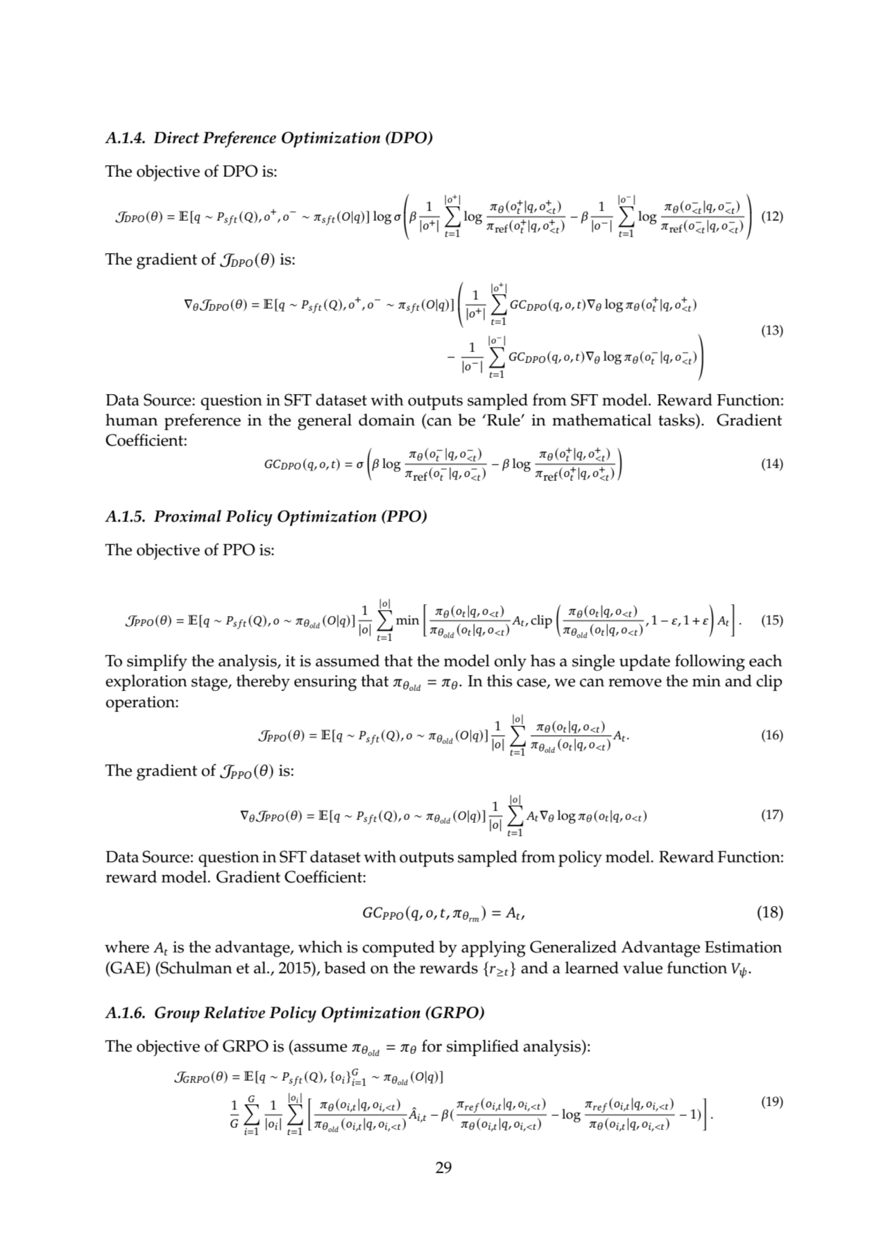 A.1.4. Direct Preference Optimization (DPO)
The objective of DPO is:
J𝐷𝑃𝑂(𝜃) = E[𝑞 ∼ 𝑃𝑠 𝑓 𝑡 (𝑄), …