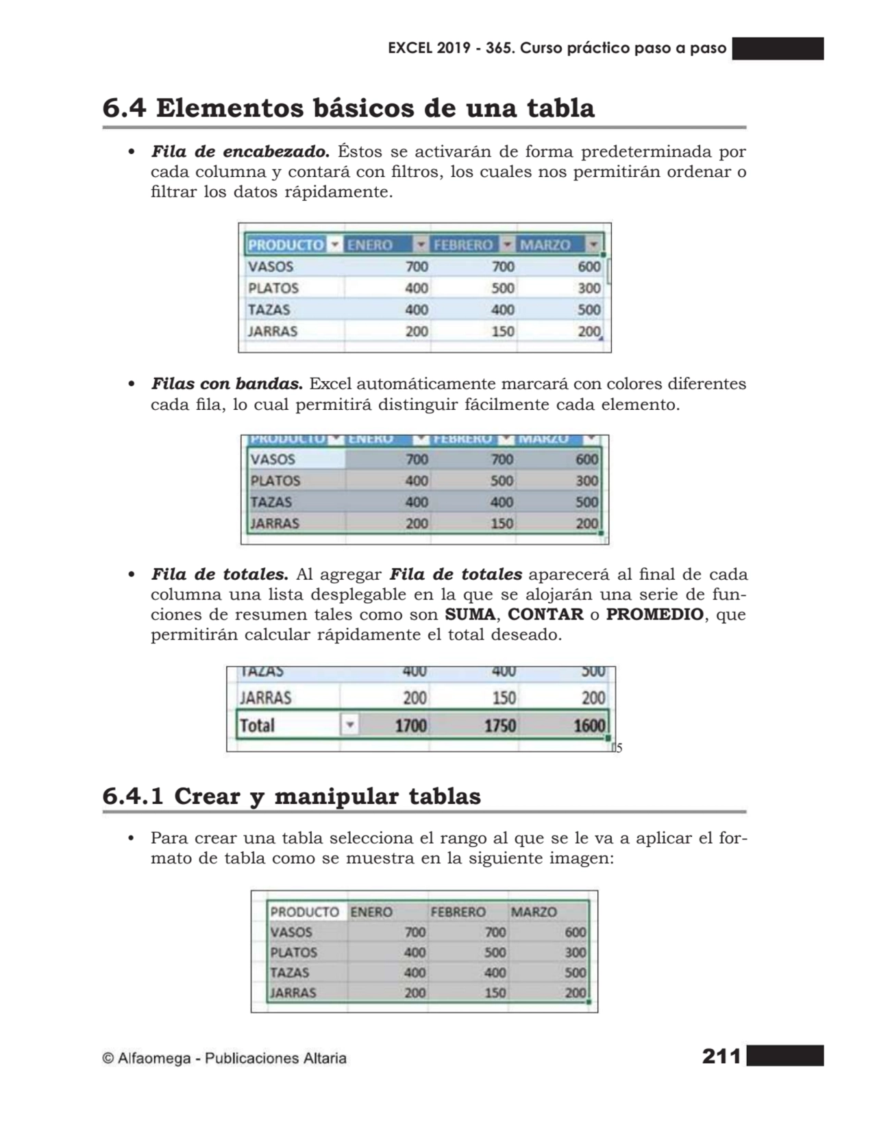 211
6.4 Elementos básicos de una tabla
• Fila de encabezado. Éstos se activarán de forma predeter…