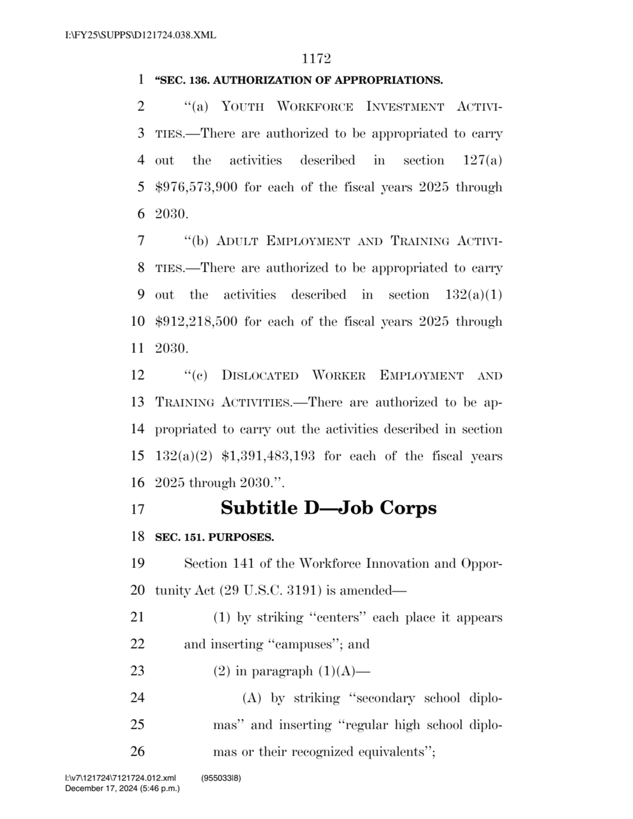 1172 
1 ‘‘SEC. 136. AUTHORIZATION OF APPROPRIATIONS. 
2 ‘‘(a) YOUTH WORKFORCE INVESTMENT ACTIVI3…