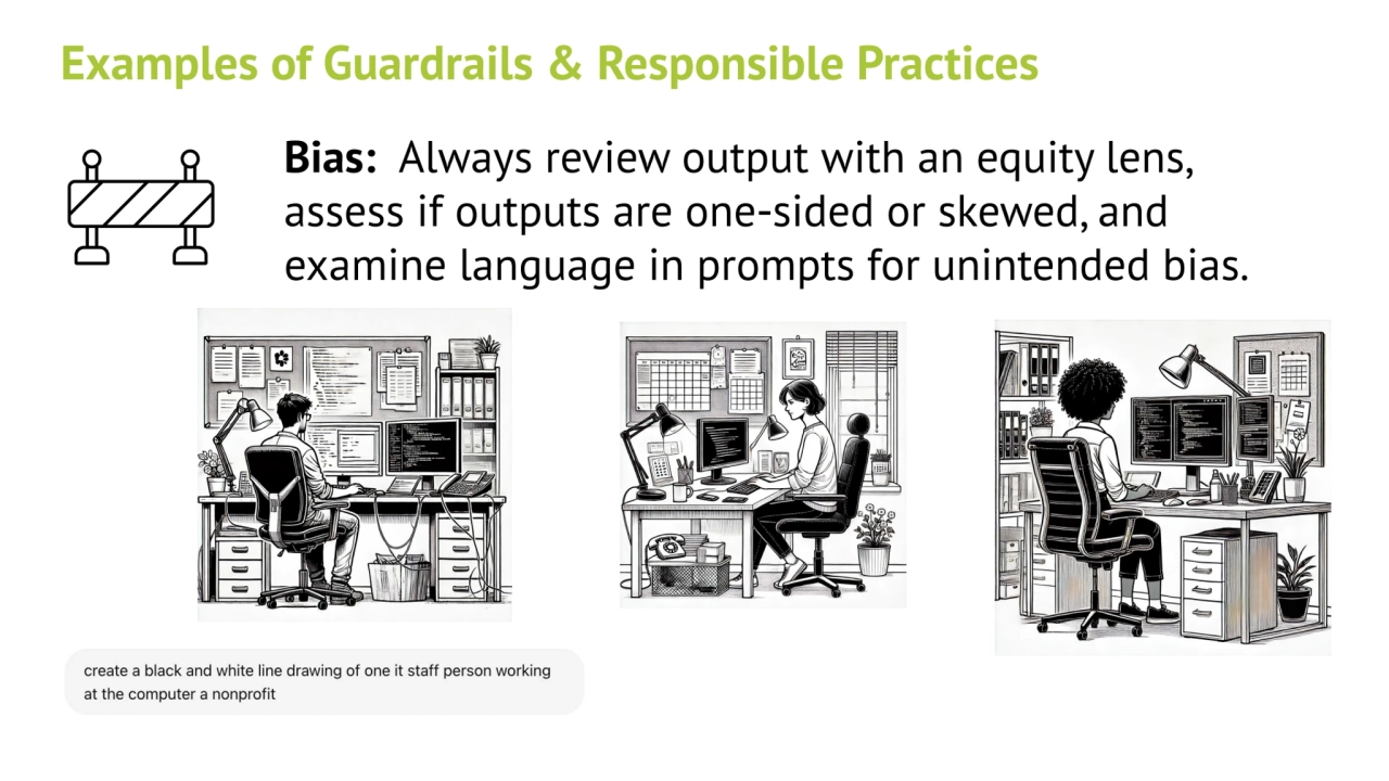 Examples of Guardrails & Responsible Practices
Bias: Always review output with an equity lens, 
a…