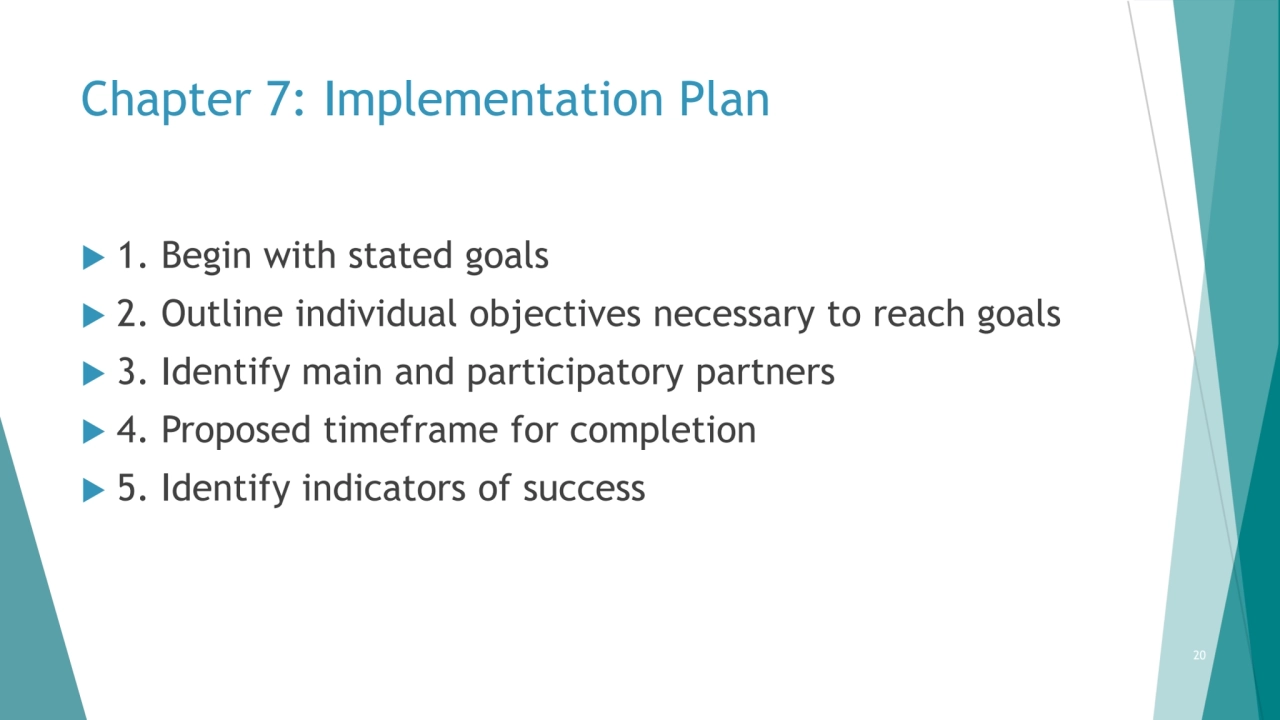 Chapter 7: Implementation Plan
 1. Begin with stated goals
 2. Outline individual objectives ne…