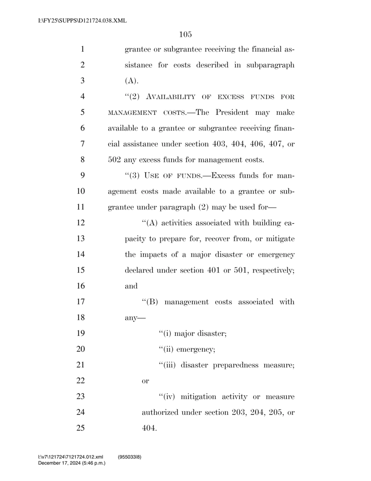 105 
1 grantee or subgrantee receiving the financial as2 sistance for costs described in subparag…