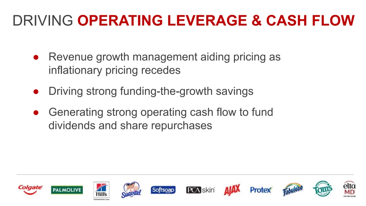 DRIVING OPERATING LEVERAGE & CASH FLOW
● Revenue growth management aiding pricing as
inflationary pricing recedes
● Driving strong funding-the-growth savings
● Generating strong operating cash flow to fund
dividends and share repurchases