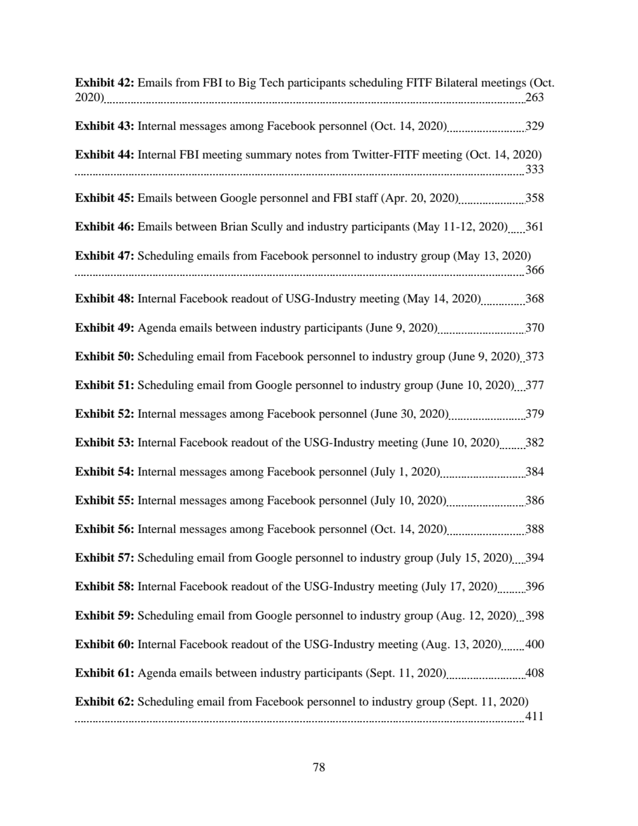 78
Exhibit 42: Emails from FBI to Big Tech participants scheduling FITF Bilateral meetings (Oct. 
…