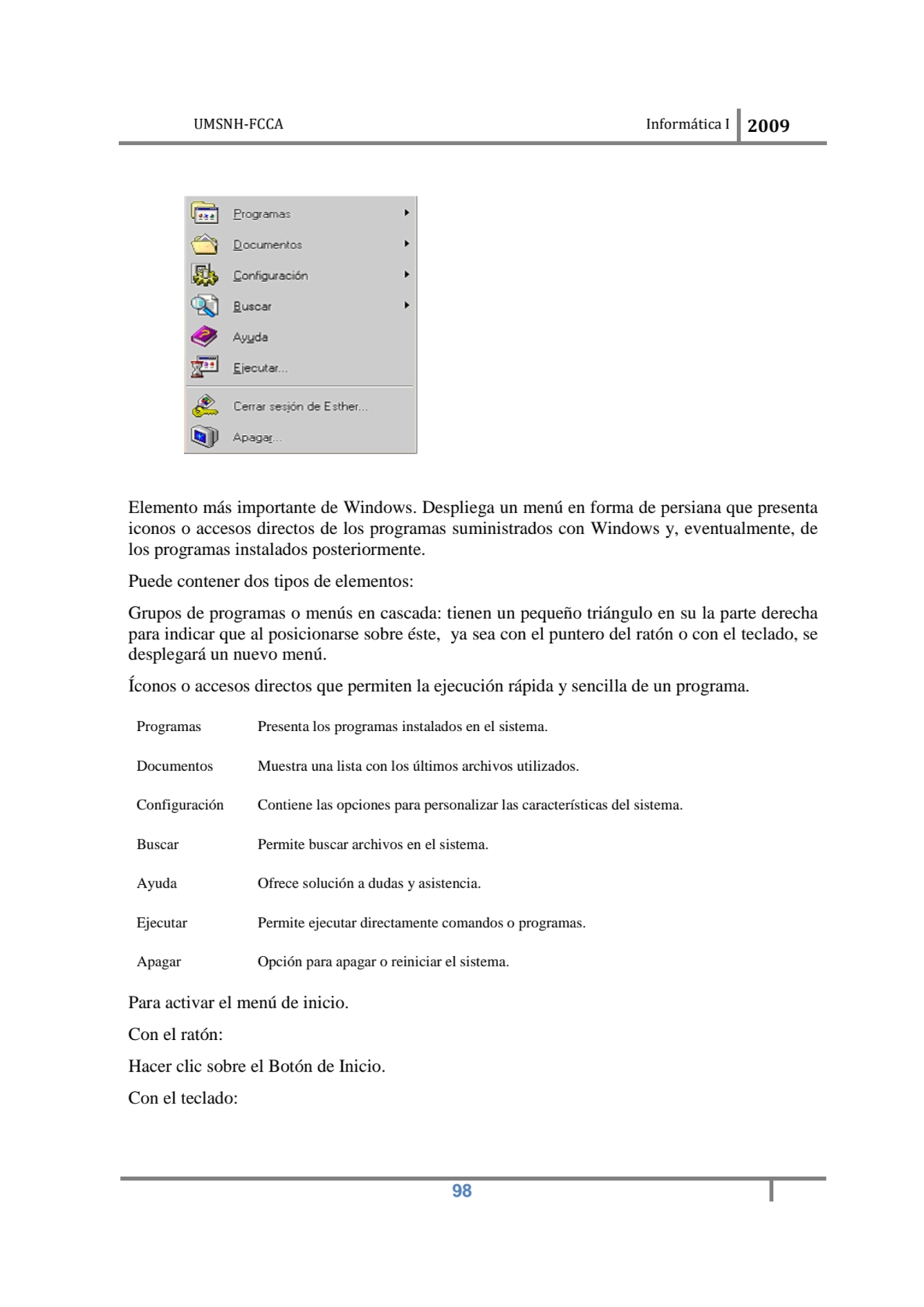 UMSNH-FCCA Informática I 2009
 98
Elemento más importante de Windows. Despliega un menú en forma …