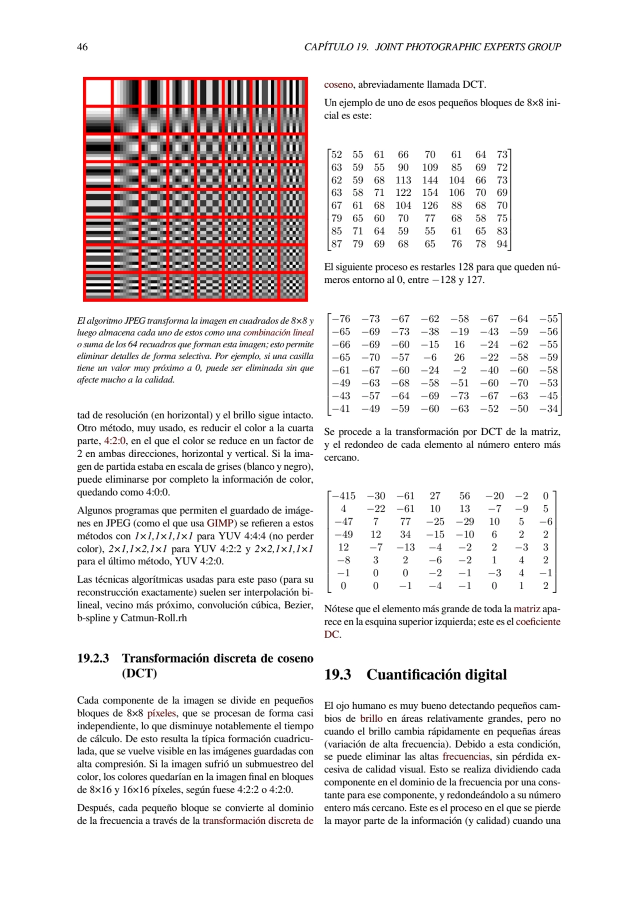 46 CAPÍTULO 19. JOINT PHOTOGRAPHIC EXPERTS GROUP
El algoritmo JPEG transforma la imagen en cuadrad…