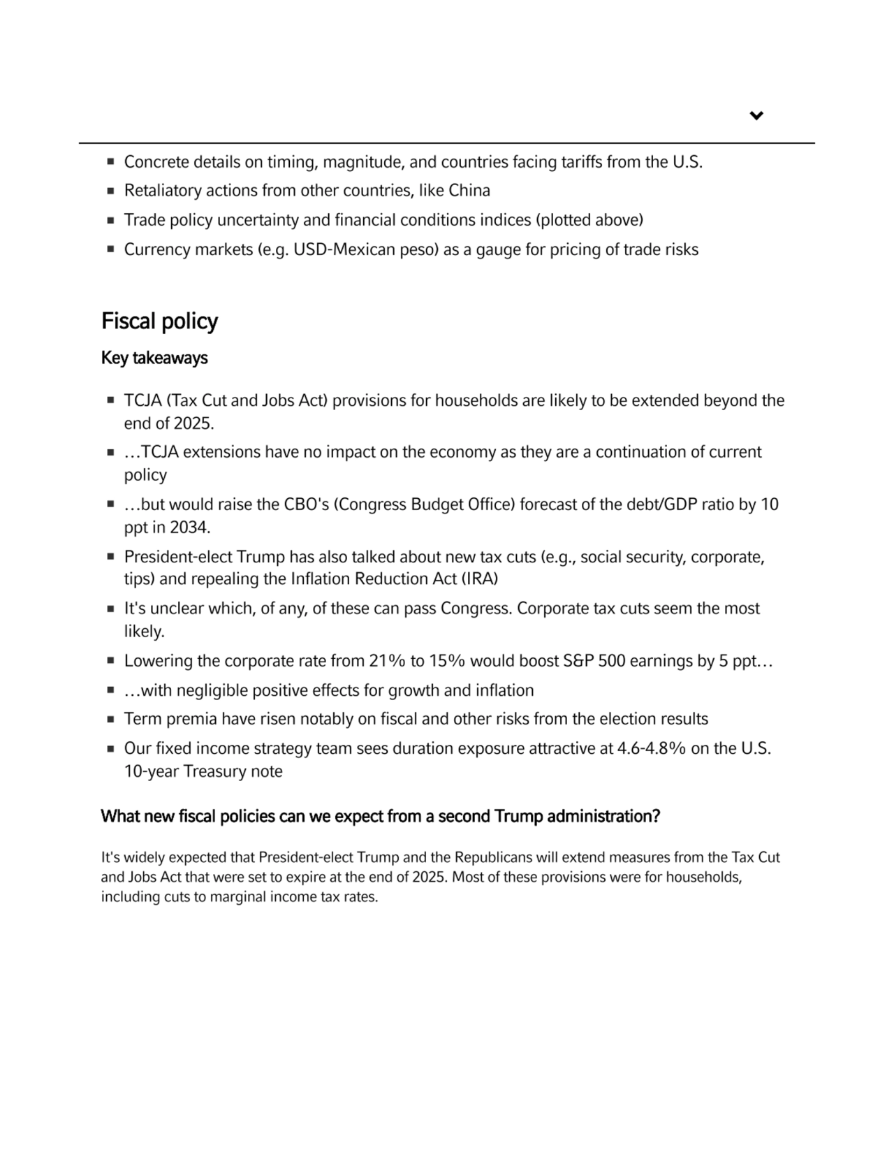 Watchpoints
Fiscal policy
Key takeaways
What new fiscal policies can we expect from a second Tru…