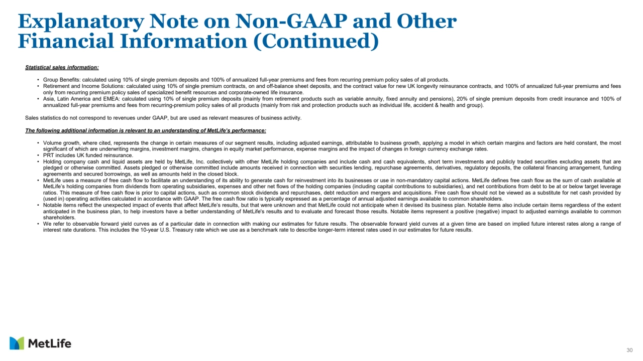 30
Explanatory Note on Non-GAAP and Other 
Financial Information (Continued) 
Statistical sales information:
• Group Benefits: calculated using 10% of single premium deposits and 100% of annualized full-year premiums and fees from recurring premium policy sales of all products.
• Retirement and Income Solutions: calculated using 10% of single premium contracts, on and off-balance sheet deposits, and the contract value for new UK longevity reinsurance contracts, and 100% of annualized full-year premiums and fees
only from recurring premium policy sales of specialized benefit resources and corporate-owned life insurance.
• Asia, Latin America and EMEA: calculated using 10% of single premium deposits (mainly from retirement products such as variable annuity, fixed annuity and pensions), 20% of single premium deposits from credit insurance and 100% of
annualized full-year premiums and fees from recurring-premium policy sales of all products (mainly from risk and protection products such as individual life, accident & health and group).
Sales statistics do not correspond to revenues under GAAP, but are used as relevant measures of business activity.
The following additional information is relevant to an understanding of MetLife’s performance:
• Volume growth, where cited, represents the change in certain measures of our segment results, including adjusted earnings, attributable to business growth, applying a model in which certain margins and factors are held constant, the most
significant of which are underwriting margins, investment margins, changes in equity market performance, expense margins and the impact of changes in foreign currency exchange rates.
• PRT includes UK funded reinsurance.
• Holding company cash and liquid assets are held by MetLife, Inc. collectively with other MetLife holding companies and include cash and cash equivalents, short term investments and publicly traded securities excluding assets that are
pledged or otherwise committed. Assets pledged or otherwise committed include amounts received in connection with securities lending, repurchase agreements, derivatives, regulatory deposits, the collateral financing arrangement, funding
agreements and secured borrowings, as well as amounts held in the closed block.
• MetLife uses a measure of free cash flow to facilitate an understanding of its ability to generate cash for reinvestment into its businesses or use in non-mandatory capital actions. MetLife defines free cash flow as the sum of cash available at
MetLife’s holding companies from dividends from operating subsidiaries, expenses and other net flows of the holding companies (including capital contributions to subsidiaries), and net contributions from debt to be at or below target leverage
ratios. This measure of free cash flow is prior to capital actions, such as common stock dividends and repurchases, debt reduction and mergers and acquisitions. Free cash flow should not be viewed as a substitute for net cash provided by
(used in) operating activities calculated in accordance with GAAP. The free cash flow ratio is typically expressed as a percentage of annual adjusted earnings available to common shareholders.
• Notable items reflect the unexpected impact of events that affect MetLife’s results, but that were unknown and that MetLife could not anticipate when it devised its business plan. Notable items also include certain items regardless of the extent
anticipated in the business plan, to help investors have a better understanding of MetLife's results and to evaluate and forecast those results. Notable items represent a positive (negative) impact to adjusted earnings available to common
shareholders.
• We refer to observable forward yield curves as of a particular date in connection with making our estimates for future results. The observable forward yield curves at a given time are based on implied future interest rates along a range of
interest rate durations. This includes the 10-year U.S. Treasury rate which we use as a benchmark rate to describe longer-term interest rates used in our estimates for future results.
