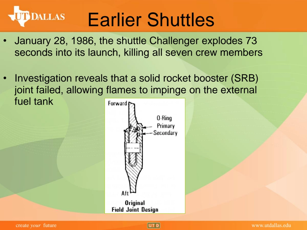 create your future www.utdallas.edu
Earlier Shuttles
• January 28, 1986, the shuttle Challenger e…