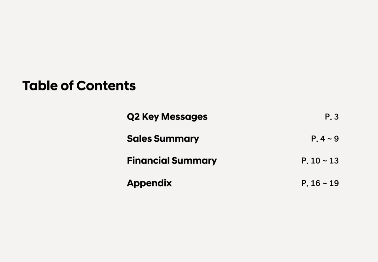 Table of Contents
Q2 Key Messages P. 3
Sales Summary P. 4 ~ 9
Financial Summary P. 10 ~ 13
Appendix P. 16 ~ 19