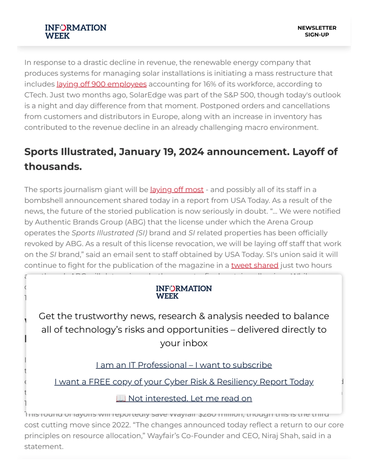 SolarEdge, January 21, 2024 announcement. Layoff of 900
people, 16% of workforce.
In response to …