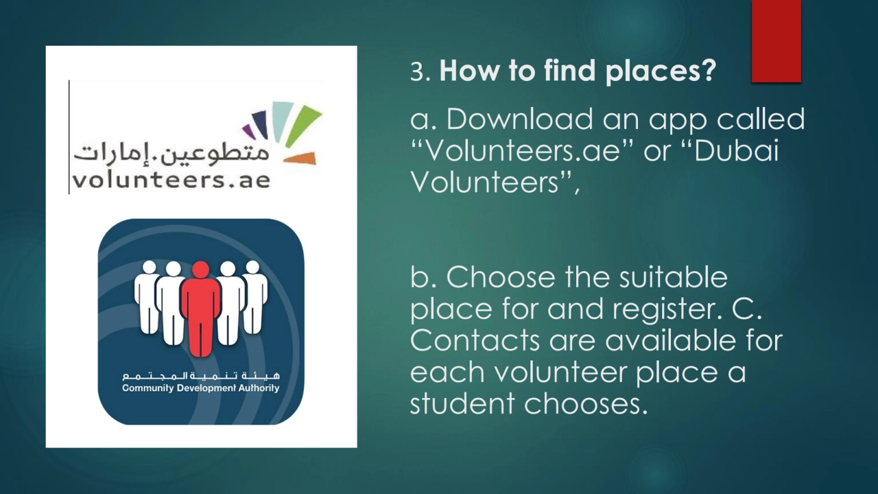 3. How to find places?
a. Download an app called 
“Volunteers.ae” or “Dubai 
Volunteers”, 
b. C…