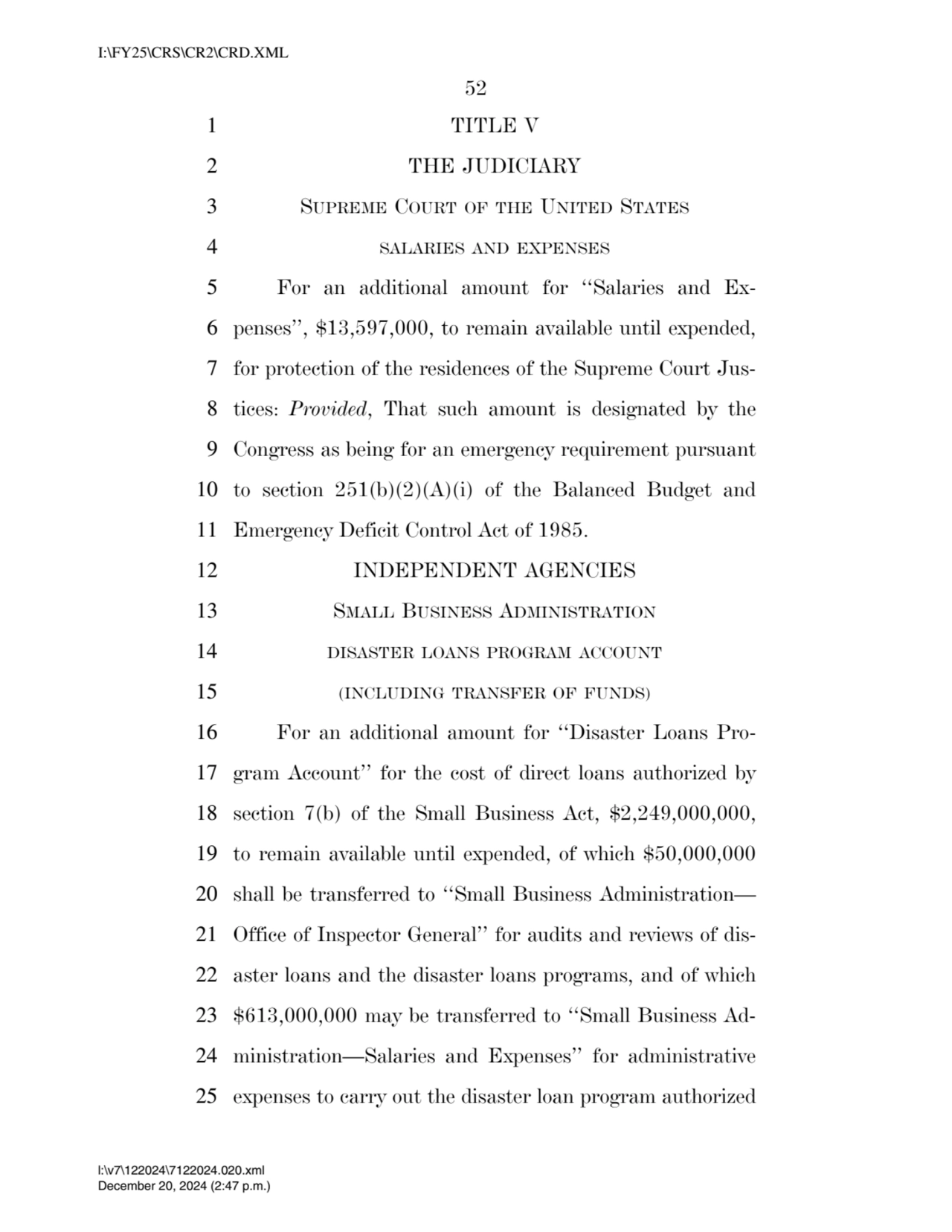 52 
1 TITLE V 
2 THE JUDICIARY 
3 SUPREME COURT OF THE UNITED STATES
4 SALARIES AND EXPENSES
5…