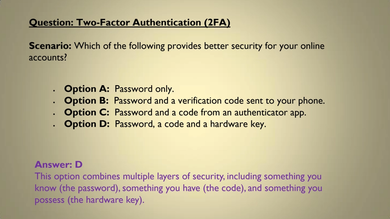 Question: Two-Factor Authentication (2FA) 
Scenario: Which of the following provides better securi…