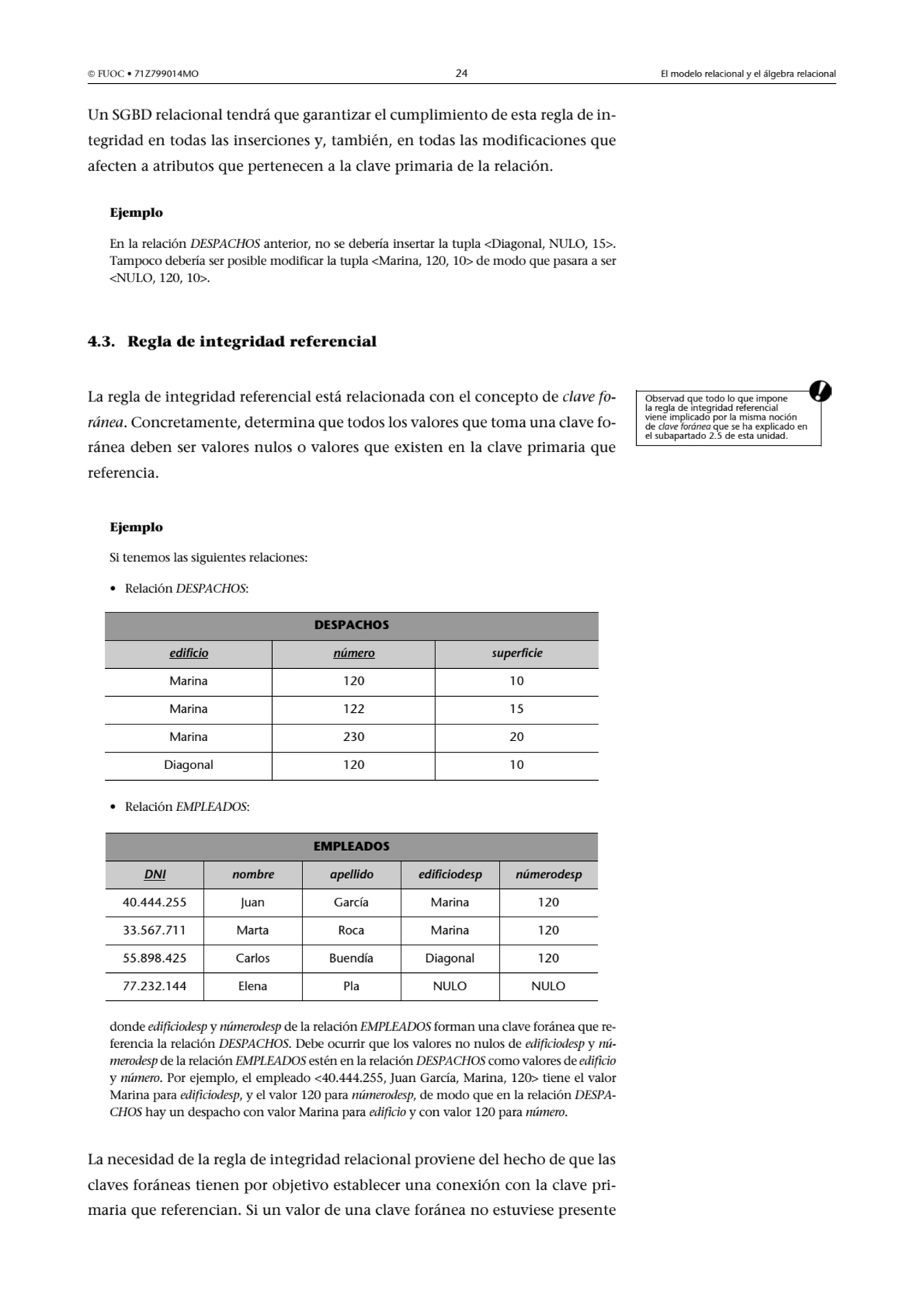  FUOC • 71Z799014MO 24 El modelo relacional y el álgebra relacional
Un SGBD relacional tendrá que…