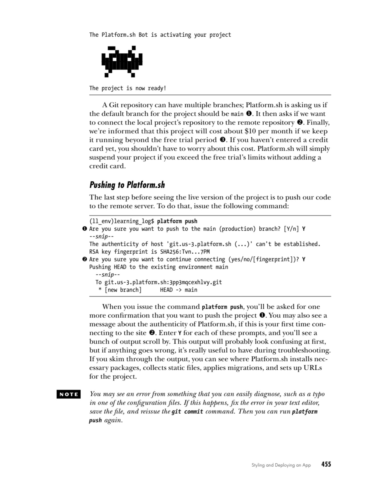 Styling and Deploying an App    455
The Platform.sh Bot is activating your project
 ▀▄ ▄▀
 █▄█▀█…