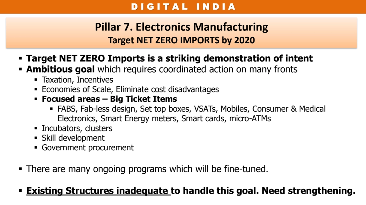 D I G I T A L I N D I A 
Pillar 7. Electronics Manufacturing
Target NET ZERO IMPORTS by 2020
 T…