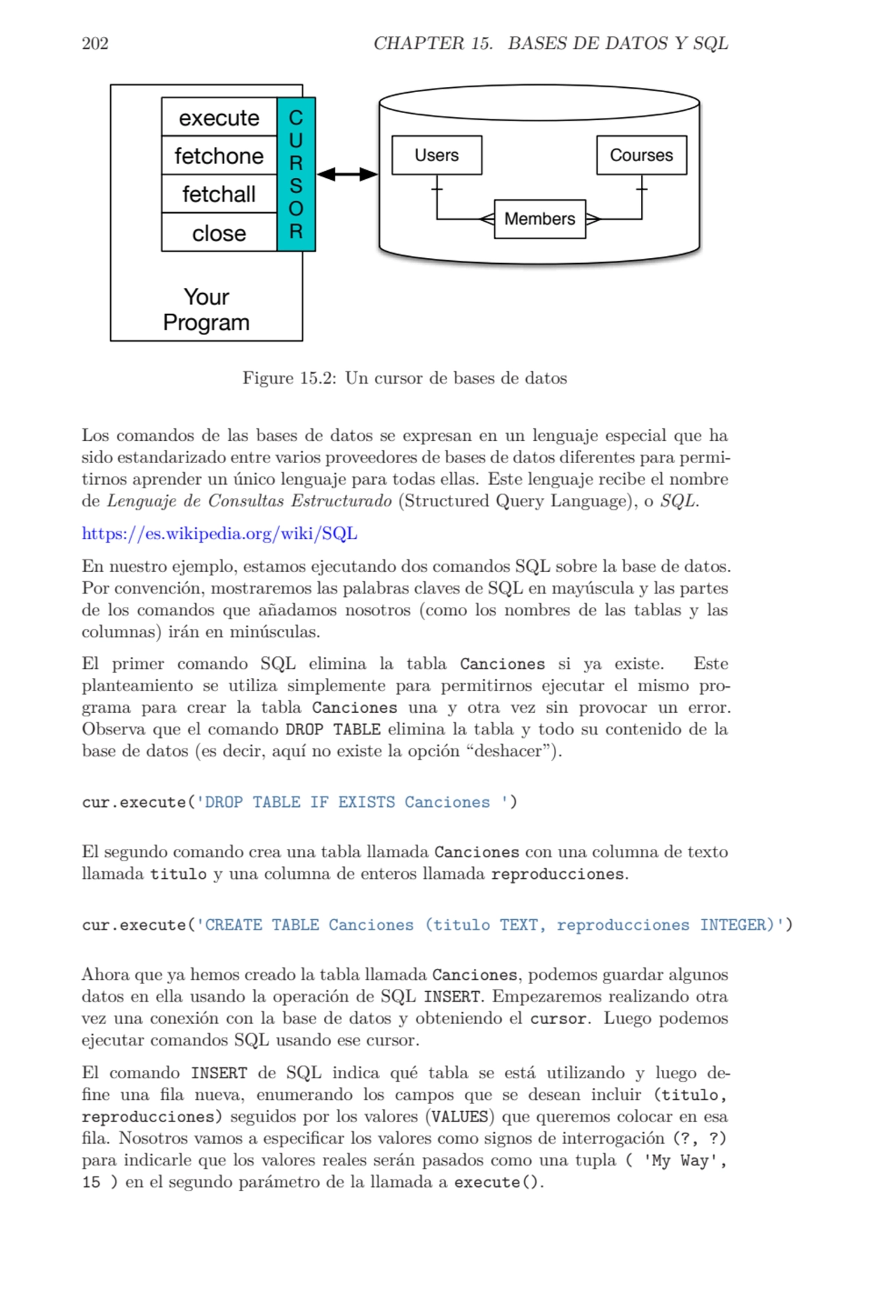 202 CHAPTER 15. BASES DE DATOS Y SQL
Your
Program
C
U
R
S
O
R
execute
fetchone
fetchall
…