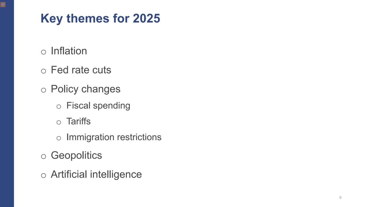 o Inflation o Fed rate cuts o Policy changes o Fiscal spending o Tariffs o Immigration restrictions…