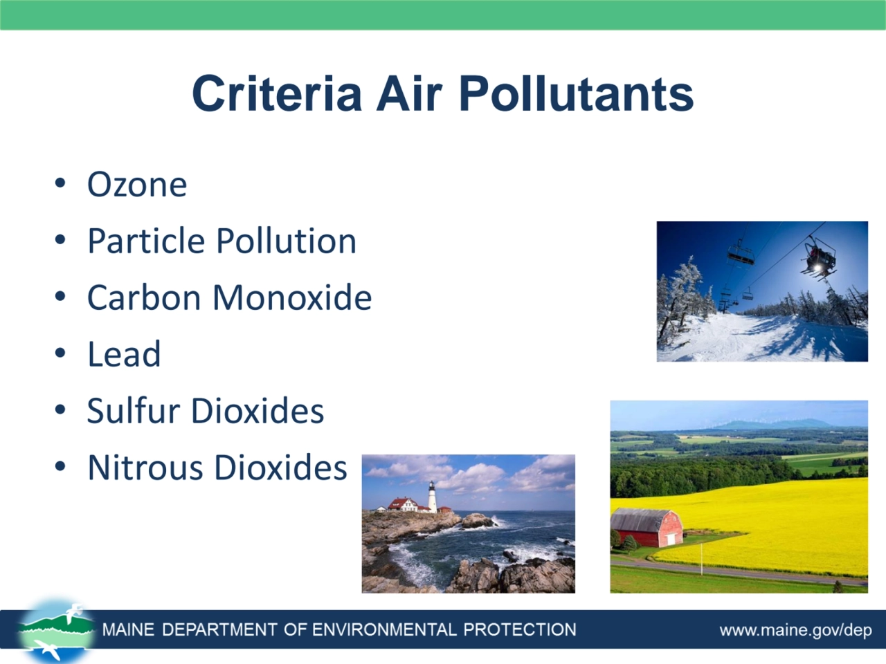 Criteria Air Pollutants
• Ozone
• Particle Pollution 
• Carbon Monoxide
• Lead
• Sulfur Dioxid…