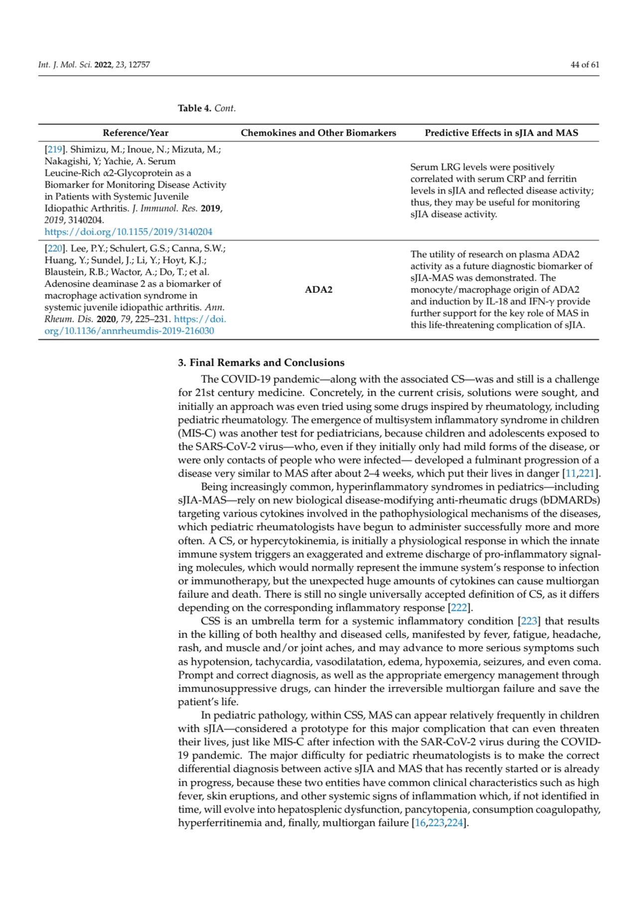 Int. J. Mol. Sci. 2022, 23, 12757 44 of 61
Table 4. Cont.
Reference/Year Chemokines and Other Bio…