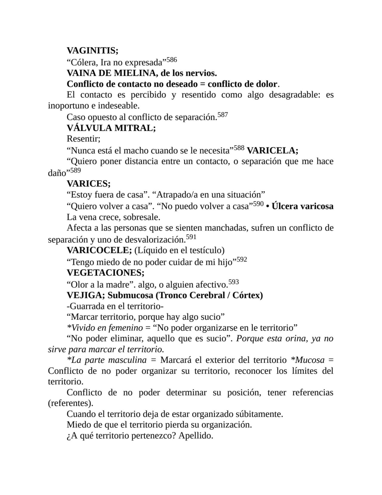 VAGINITIS;
“Cólera, Ira no expresada”586
VAINA DE MIELINA, de los nervios.
Conflicto de contacto…