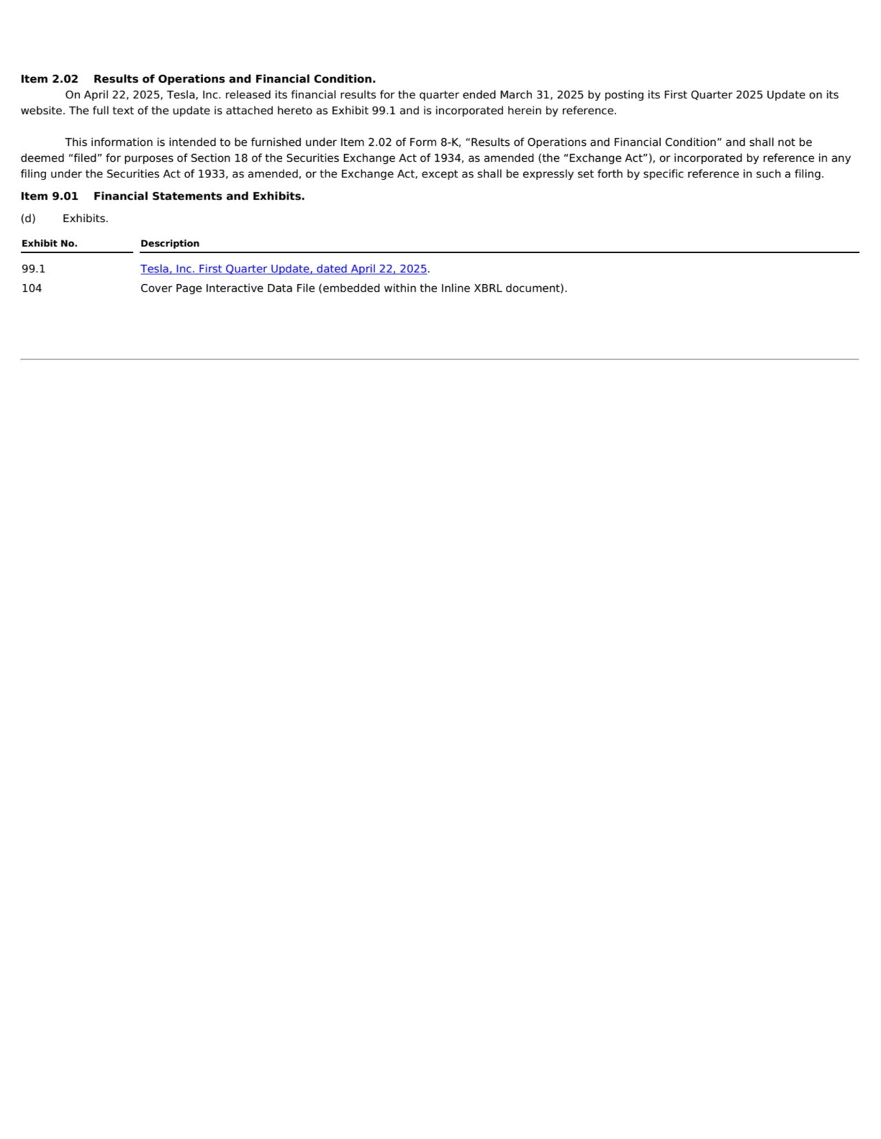 Item 2.02 Results of Operations and Financial Condition.
On April 22, 2025, Tesla, Inc. released i…