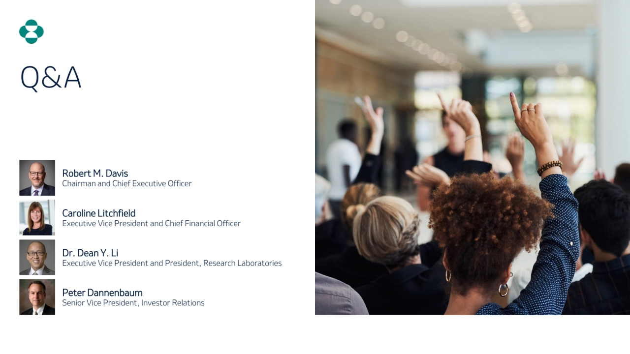 Q&A
Robert M. Davis
Chairman and Chief Executive Officer
Dr. Dean Y. Li
Executive Vice President and President, Research Laboratories
Caroline Litchfield
Executive Vice President and Chief Financial Officer
Peter Dannenbaum
Senior Vice President, Investor Relations