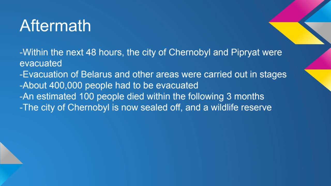 Aftermath
-Within the next 48 hours, the city of Chernobyl and Pipryat were 
evacuated 
-Evacuat…