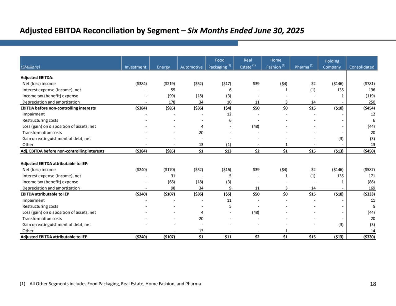 Adjusted EBITDA Reconciliation by Segment – Six Months Ended June 30, 2025
(1) All Other Segments includes Food Packaging, Real Estate, Home Fashion, and Pharma 18
Net (loss) income ($384) ($219) ($52) ($17) $39 ($4) $2 ($146) ($781)
Interest expense (income), net - 55 - 6 - 1 (1) 135 196 
Income tax (benefit) expense - (99) (18) (3) - - - 1 (119)
Depreciation and amortization - 178 34 10 11 3 14 - 250 
($384) ($85) ($36) ($4) $50 $0 $15 ($10) ($454)
Impairment - - - 12 - - - - 12 
Restructuring costs - - - 6 - - - - 6 
Loss (gain) on disposition of assets, net - - 4 - (48) - - - (44)
Transformation costs - - 20 - - - - - 20 
Gain on extinguishment of debt, net - - - - - - - (3) (3)
Other - - 13 (1) - 1 - - 13 
($384) ($85) $1 $13 $2 $1 $15 ($13) ($450)
Net (loss) income ($240) ($170) ($52) ($16) $39 ($4) $2 ($146) ($587)
Interest expense (income), net - 31 - 5 - 1 (1) 135 171 
Income tax (benefit) expense - (66) (18) (3) - - - 1 (86)
Depreciation and amortization - 98 34 9 11 3 14 - 169 
($240) ($107) ($36) ($5) $50 $0 $15 ($10) ($333)
Impairment - - - 11 - - - - 11 
Restructuring costs - - - 5 - - - - 5 
Loss (gain) on disposition of assets, net - - 4 - (48) - - - (44)
Transformation costs - - 20 - - - - - 20 
Gain on extinguishment of debt, net - - - - - - - (3) (3)
Other - - 13 - - 1 - - 14 
($240) ($107) $1 $11 $2 $1 $15 ($13) ($330)
($Millions) Investment Energy Automotive
Food 
Packaging (1)
Holding 
Company Consolidated
Real 
Estate (1)
Home 
Fashion (1) Pharma (1)
Adjusted EBITDA:
EBITDA before non-controlling interests
Adj. EBITDA before non-controlling interests
Adjusted EBITDA attributable to IEP
Adjusted EBITDA attributable to IEP:
EBITDA attributable to IEP