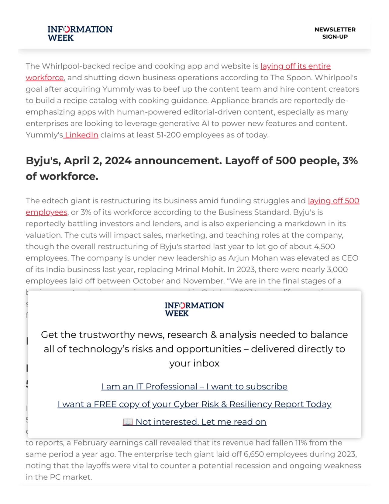 Yummly, April 3, 2024 announcement. Layoff of entire
workforce.
The Whirlpool-backed recipe and c…