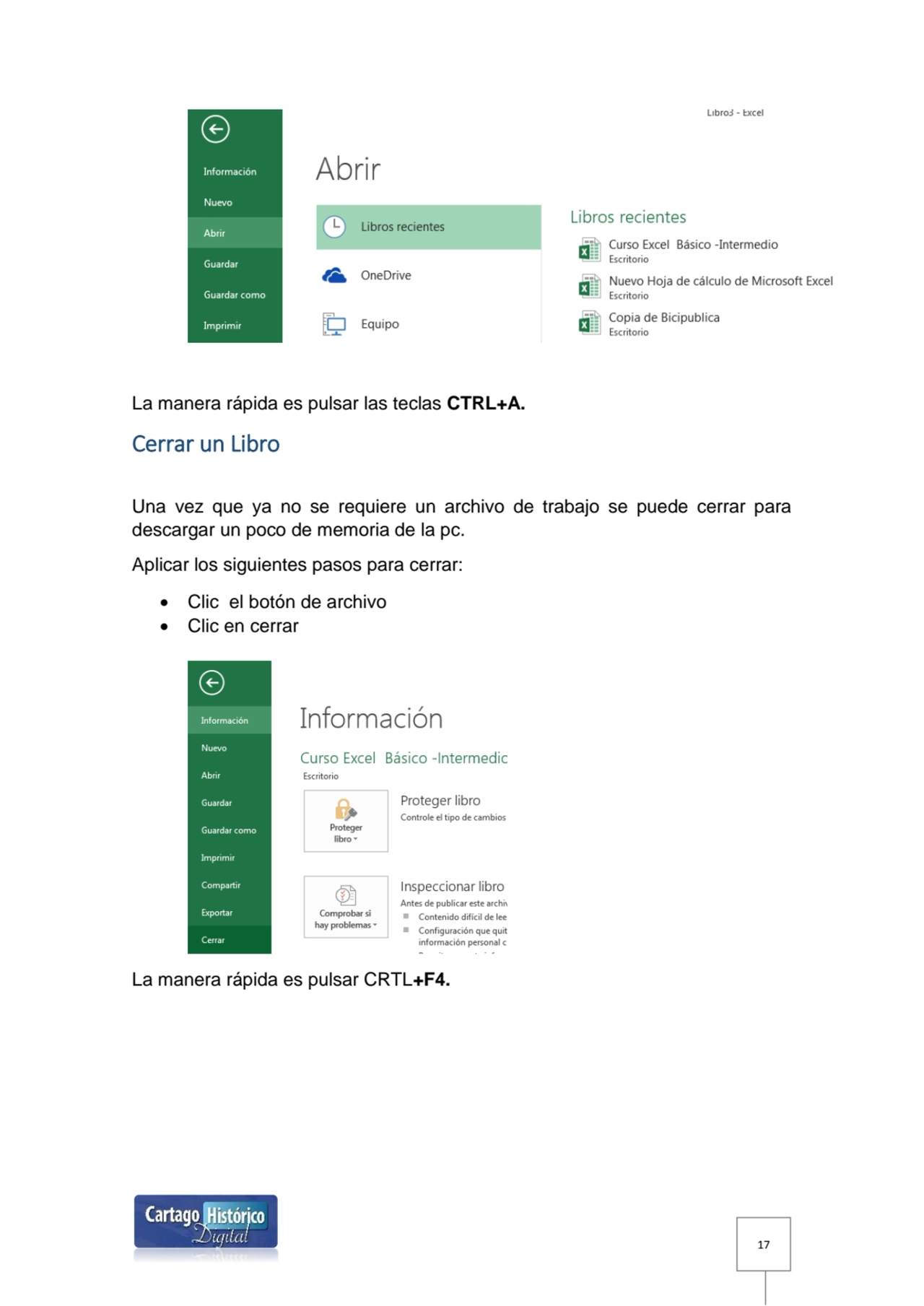 17
La manera rápida es pulsar las teclas CTRL+A.
Cerrar un Libro 
Una vez que ya no se requiere …