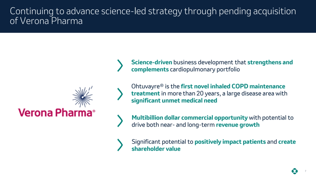 7
Ohtuvayre® is the first novel inhaled COPD maintenance 
treatment in more than 20 years, a large disease area with
significant unmet medical need 
Significant potential to positively impact patients and create 
shareholder value
Multibillion dollar commercial opportunity with potential to 
drive both near- and long-term revenue growth
Continuing to advance science-led strategy through pending acquisition 
of Verona Pharma
Science-driven business development that strengthens and 
complements cardiopulmonary portfolio