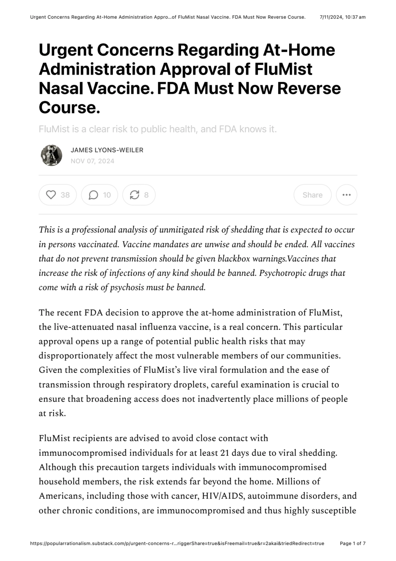 Urgent Concerns Regarding At-Home Administration Approval of FluMist Nasal Vaccine. FDA Must Now Reverse Course.