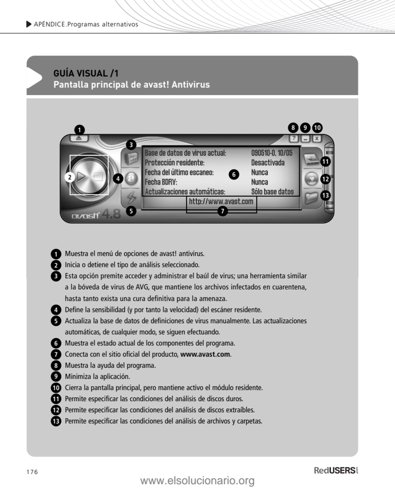 176
APÉNDICE.Programas alternativos
GUÍA VISUAL /1
Pantalla principal de avast! Antivirus
Muest…