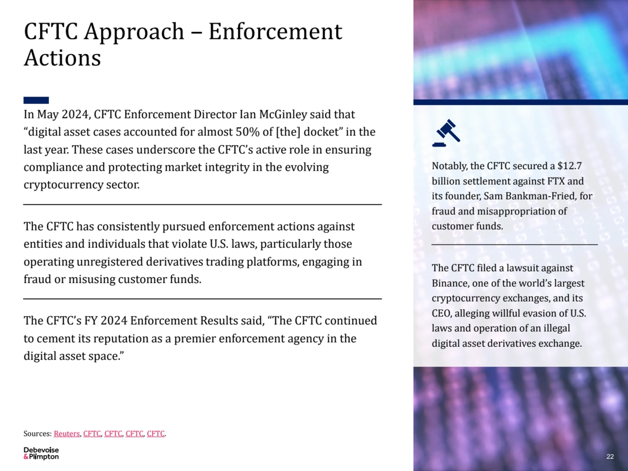 In May 2024, CFTC Enforcement Director Ian McGinley said that 
“digital asset cases accounted for …